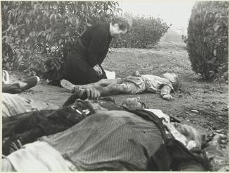 (Muertos en el campo y madre llorando a su hijo pequeño)